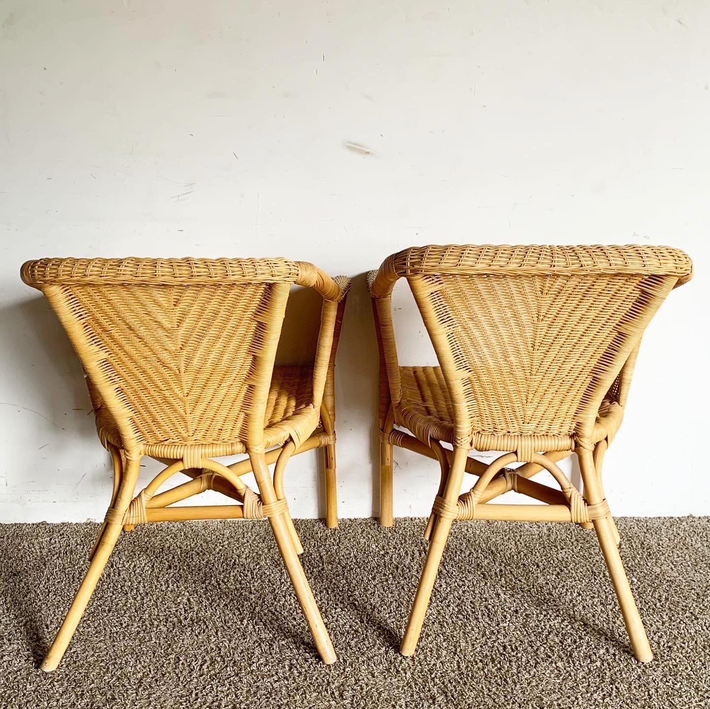 20th Century Boho Chic Wicker and Rattan Dining Arm Chairs - Set of 4 For Sale