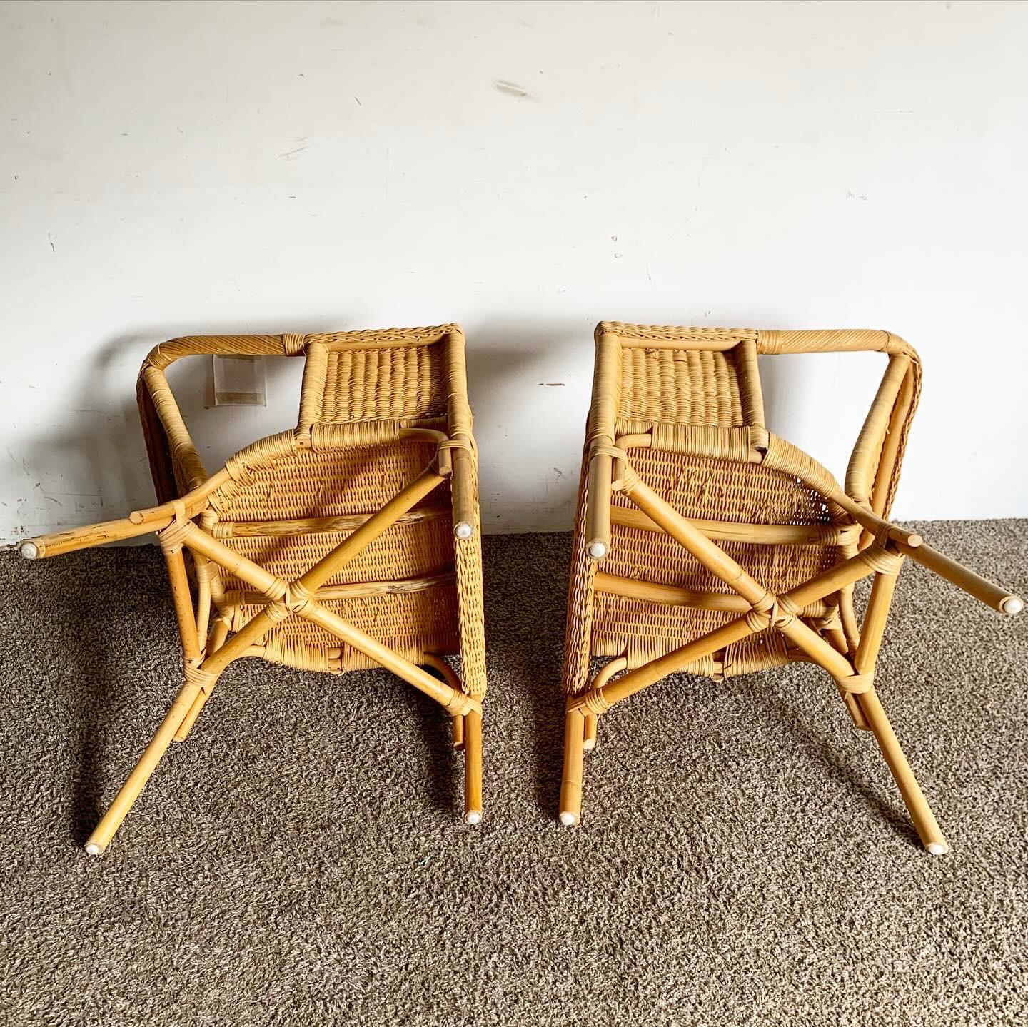 Boho Chic Wicker and Rattan Dining Arm Chairs - Set of 4 For Sale 1