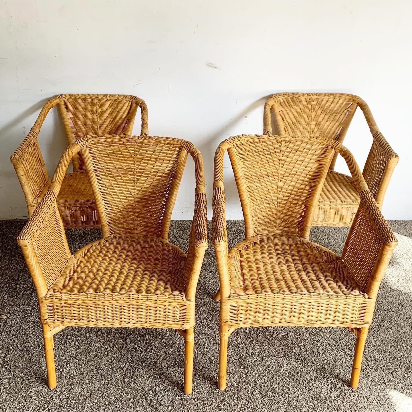 Boho Chic Wicker and Rattan Dining Arm Chairs - Set of 4 For Sale 3