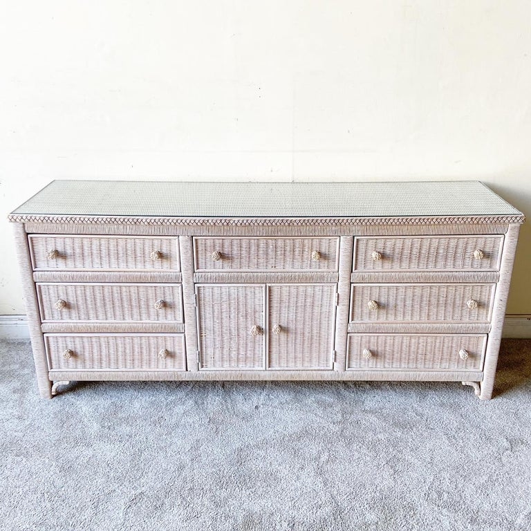 Boho Chic Wicker and Rattan Lowboy Dresser by Henry Link For Sale at