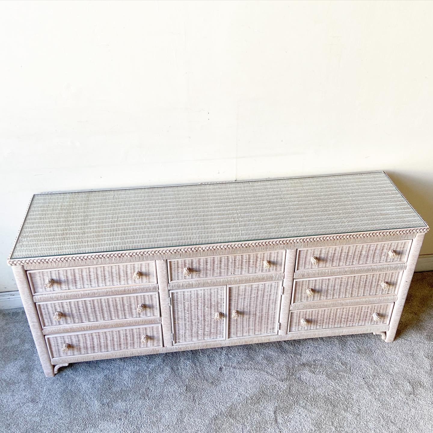 Boho Chic Wicker and Rattan Lowboy Dresser by Henry Link For Sale at