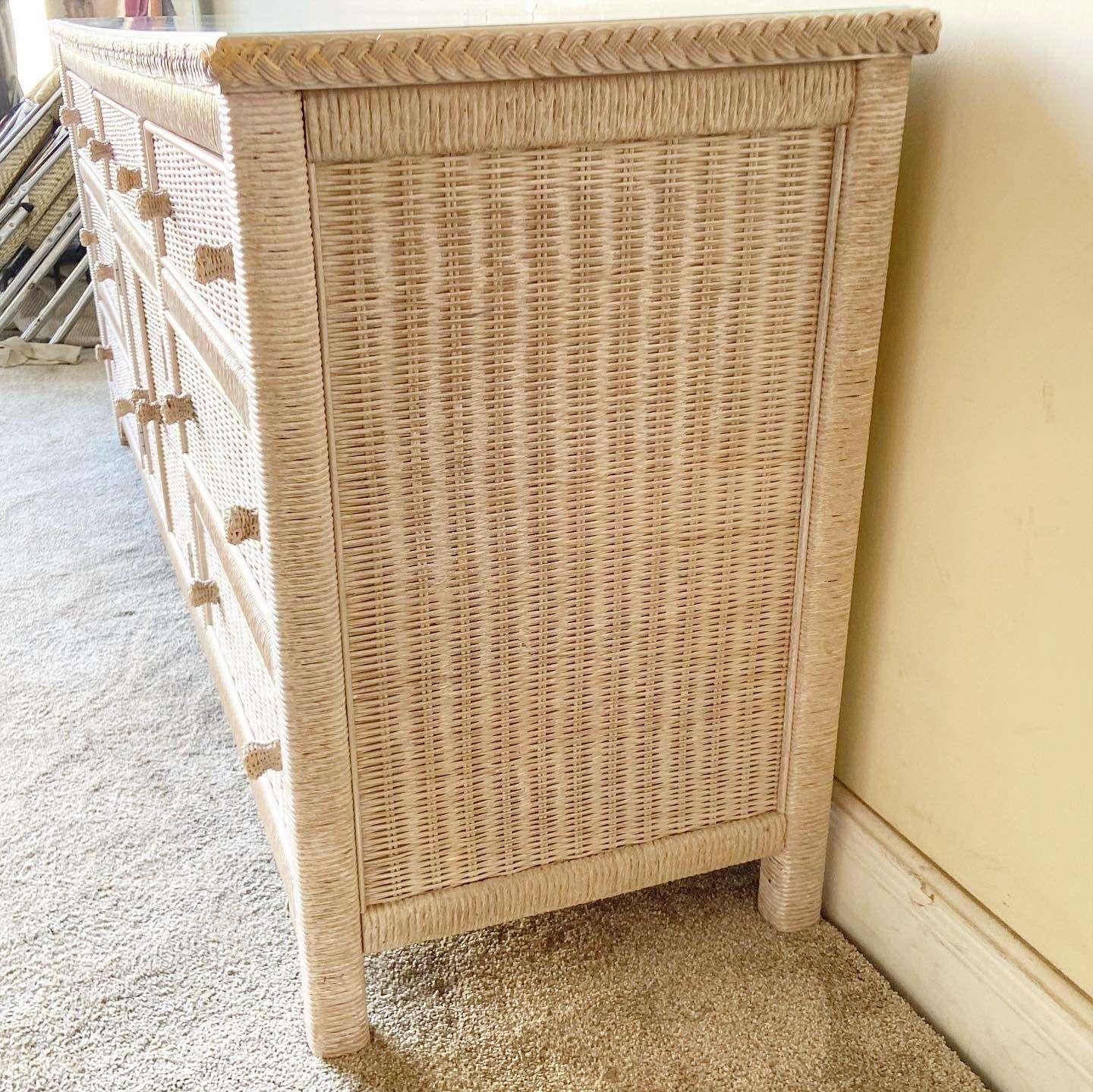 Boho Chic Wicker and Rattan Lowboy Dresser by Henry Link In Good Condition In Delray Beach, FL