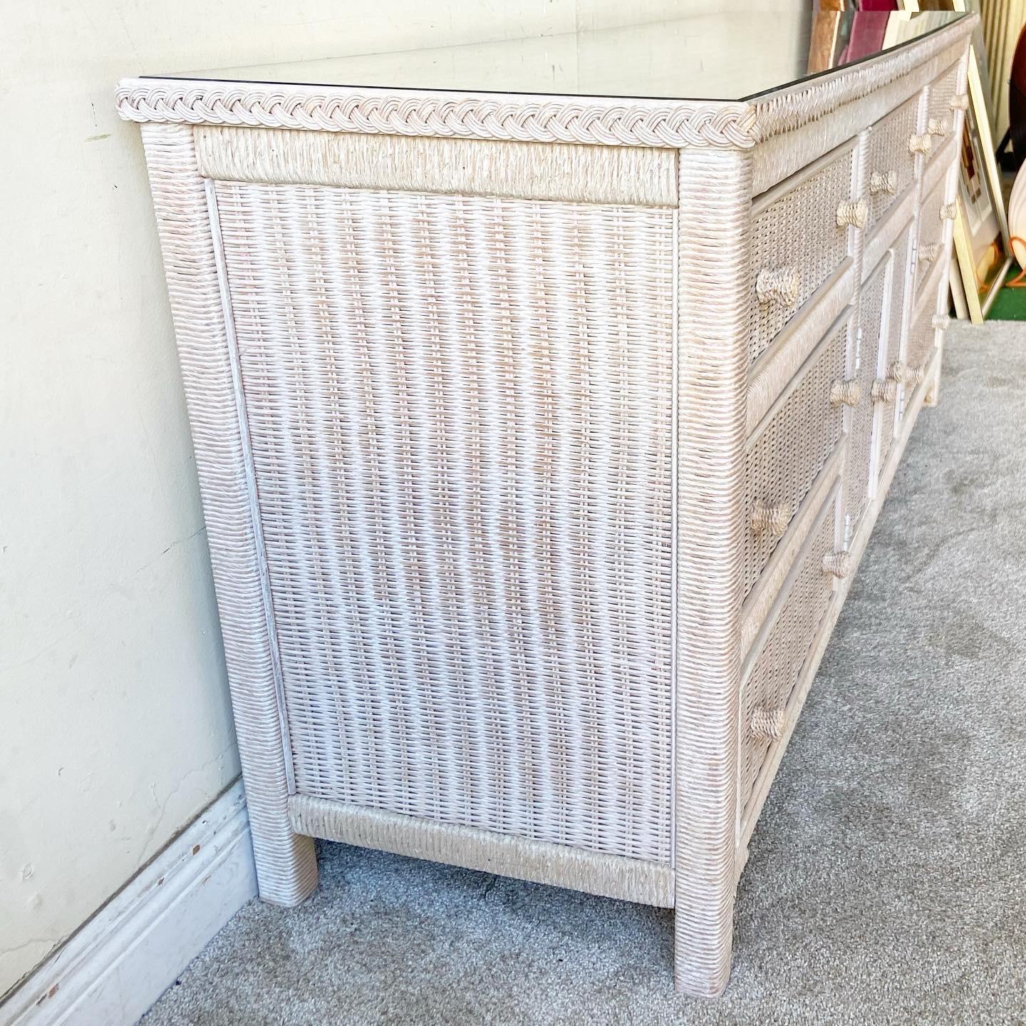 Boho Chic Wicker and Rattan Lowboy Dresser by Henry Link For Sale at