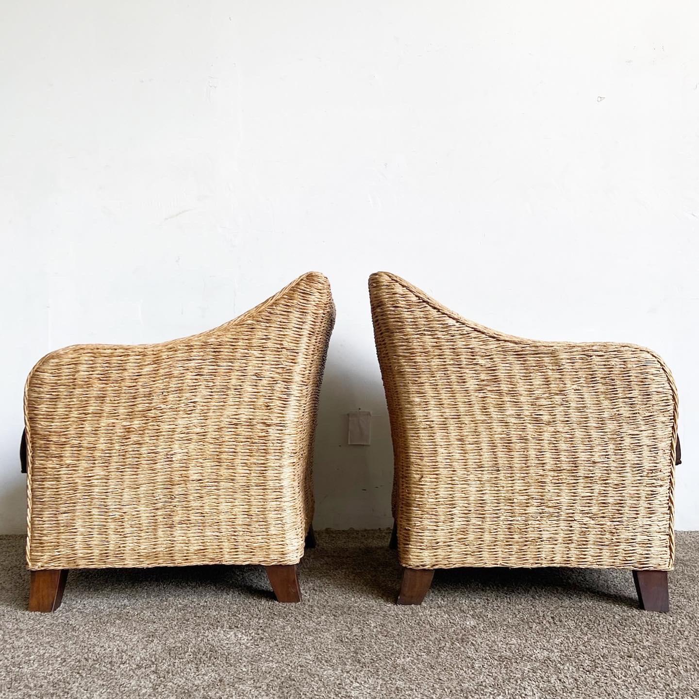 Indonesian Boho Chic Wicker Arm Chairs With Brown Cushions For Sale