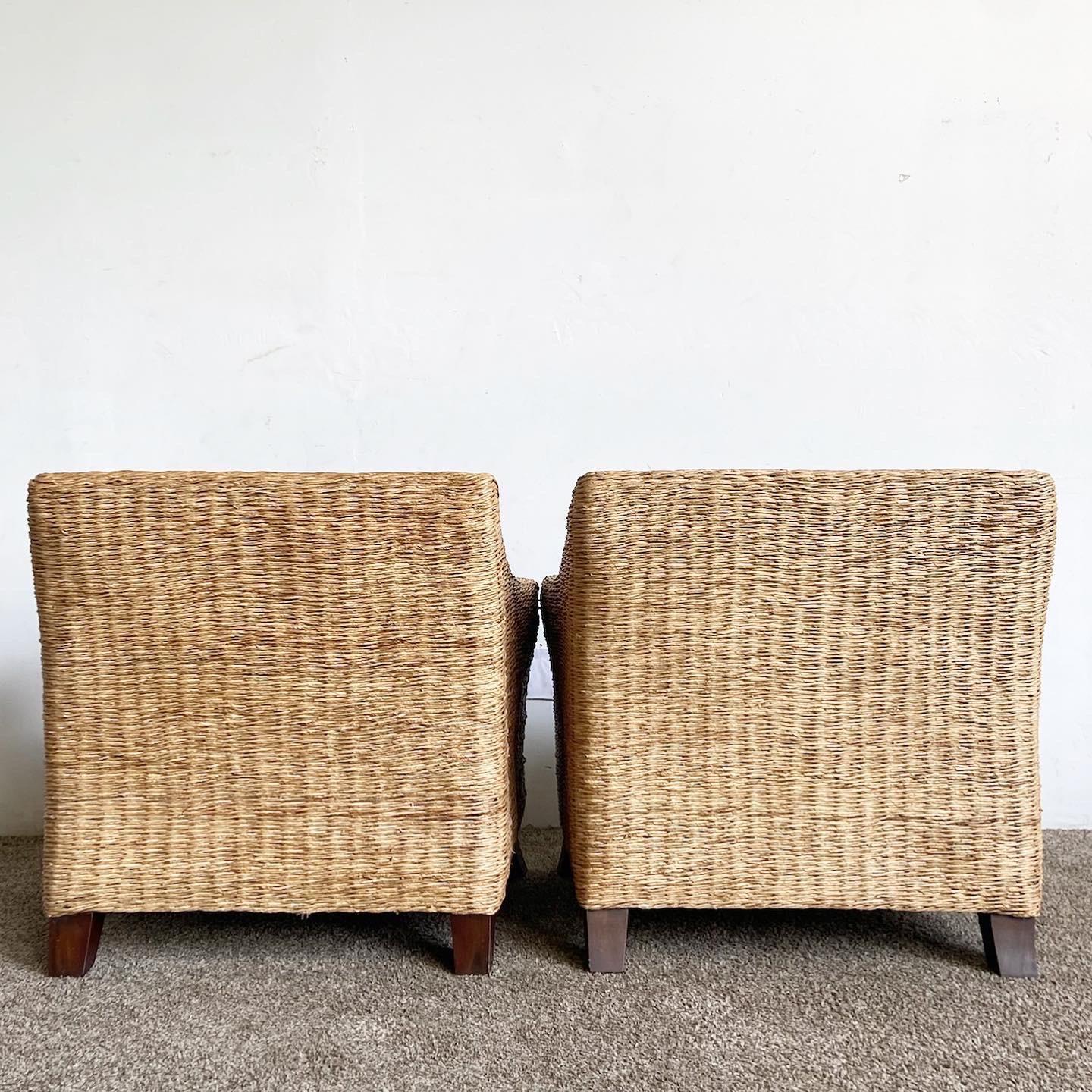 Indonesian Boho Chic Wicker Arm Chairs With Brown Cushions For Sale