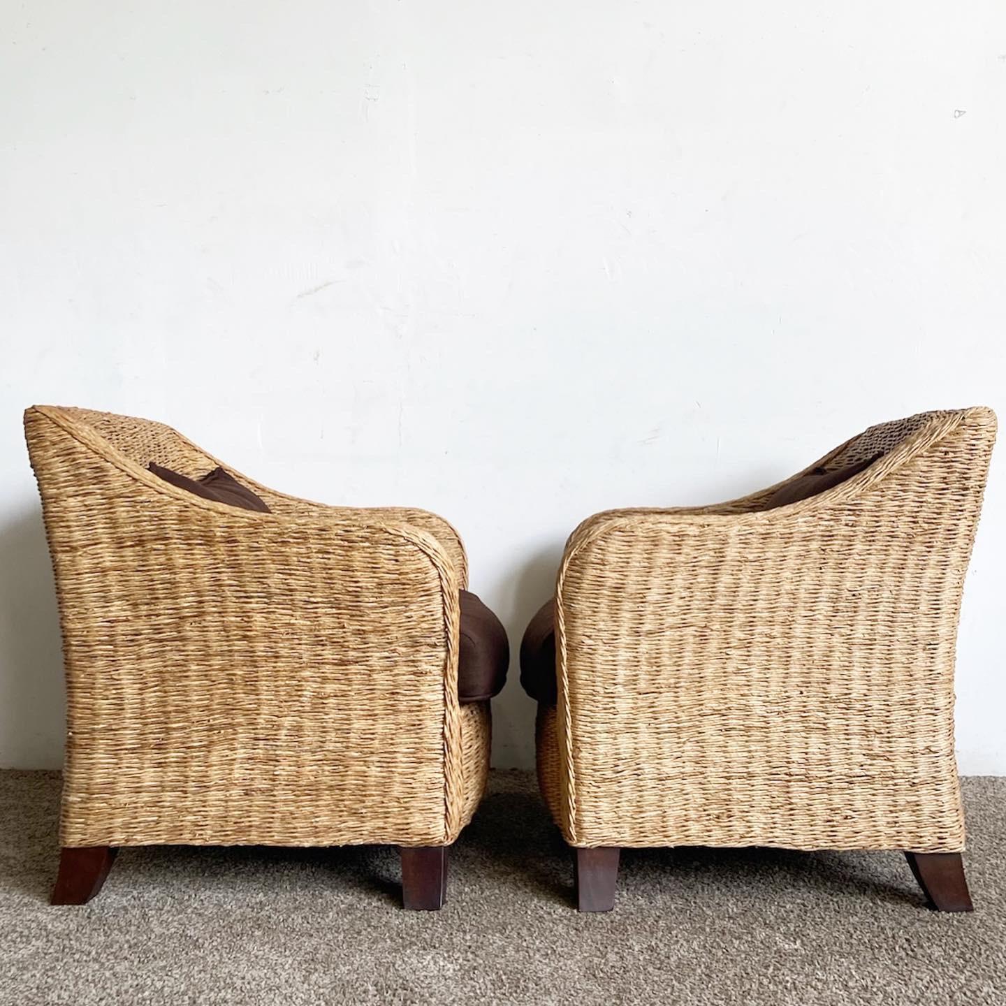 Boho Chic Wicker Arm Chairs With Brown Cushions For Sale 3