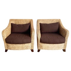 Vintage Boho Chic Wicker Arm Chairs With Brown Cushions