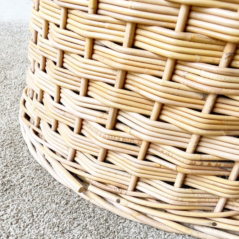 Boho Chic Wicker Barrel Chair with Tufted White Cushions, 1980s For