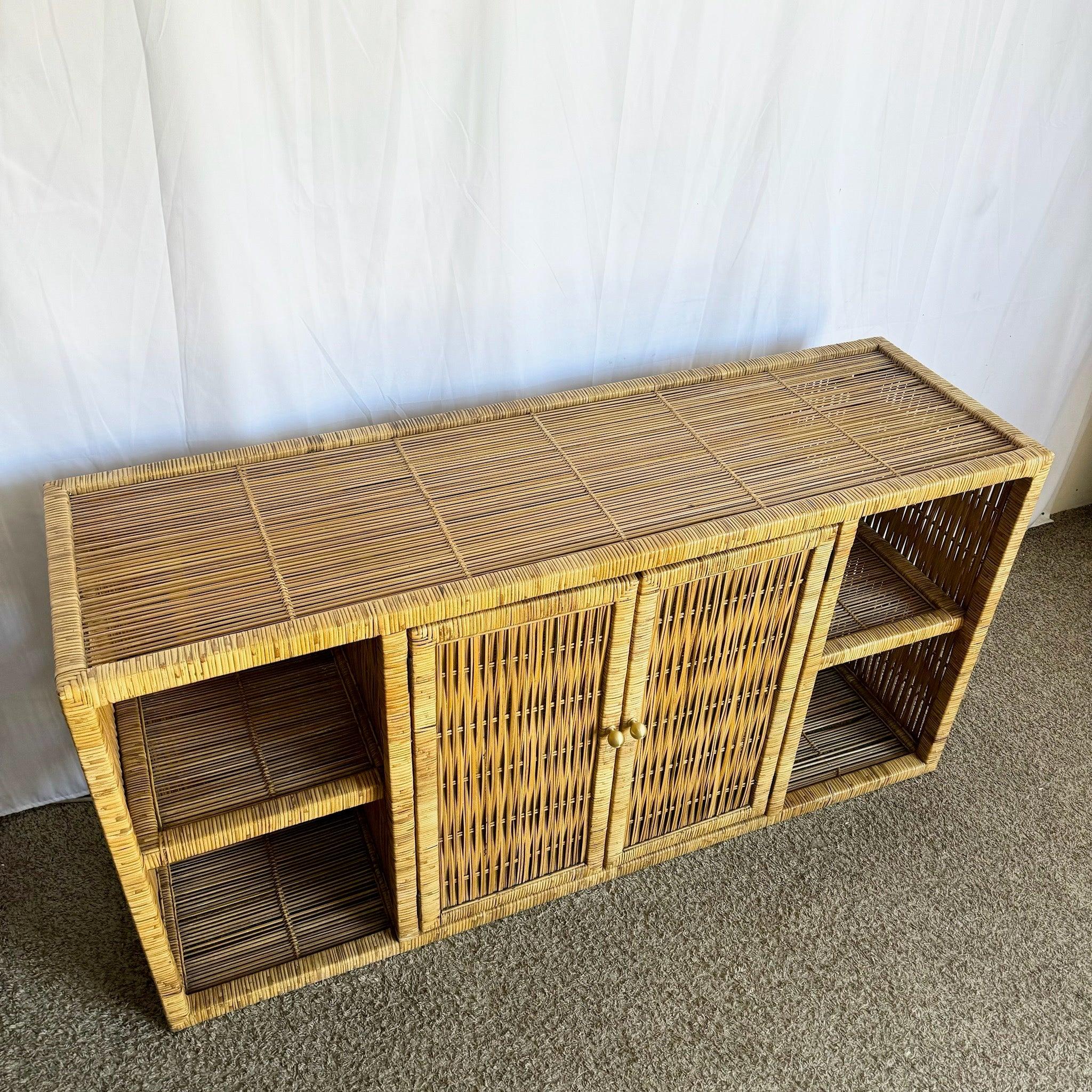 Boho Chic Wicker Credenza Buffet With Gold Knobs For Sale 5