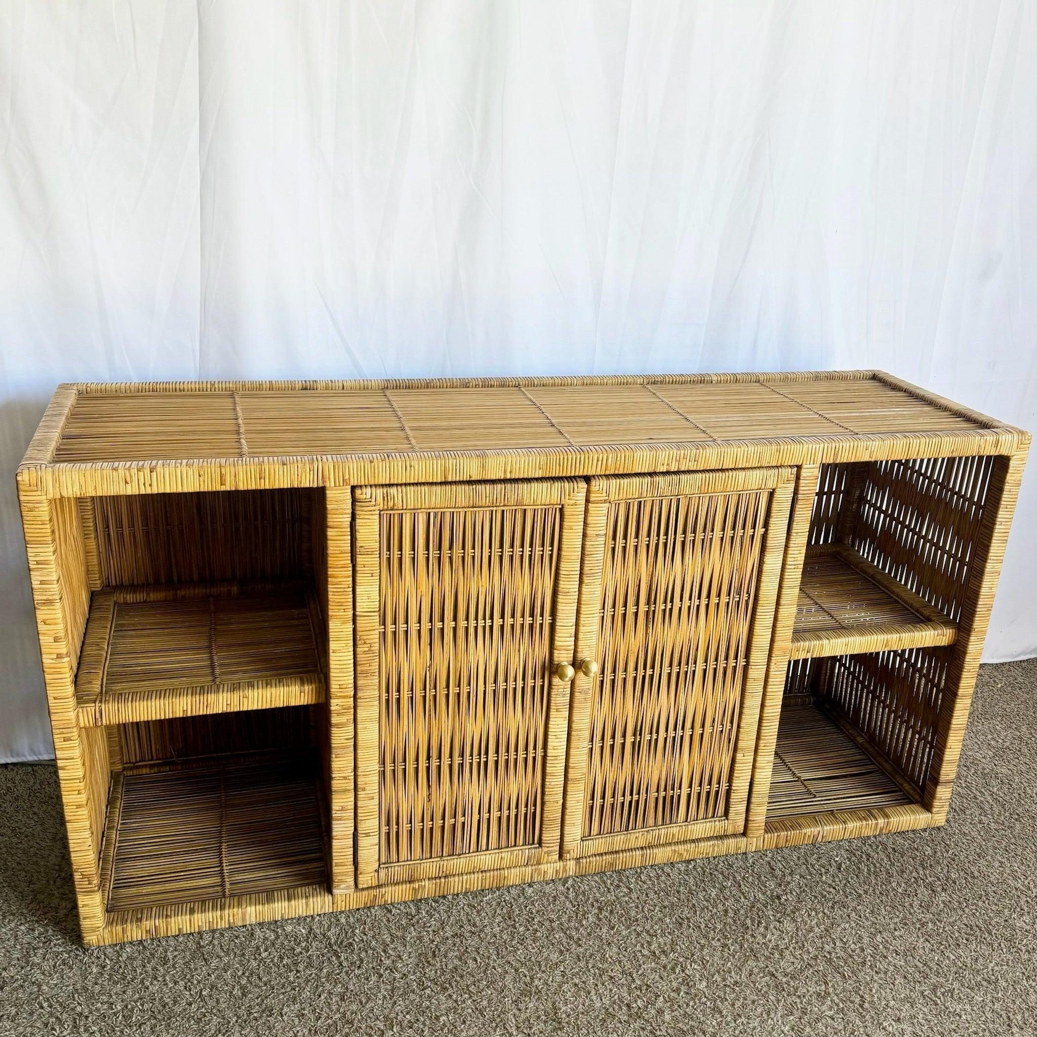 Boho Chic Wicker Credenza Buffet With Gold Knobs For Sale 6