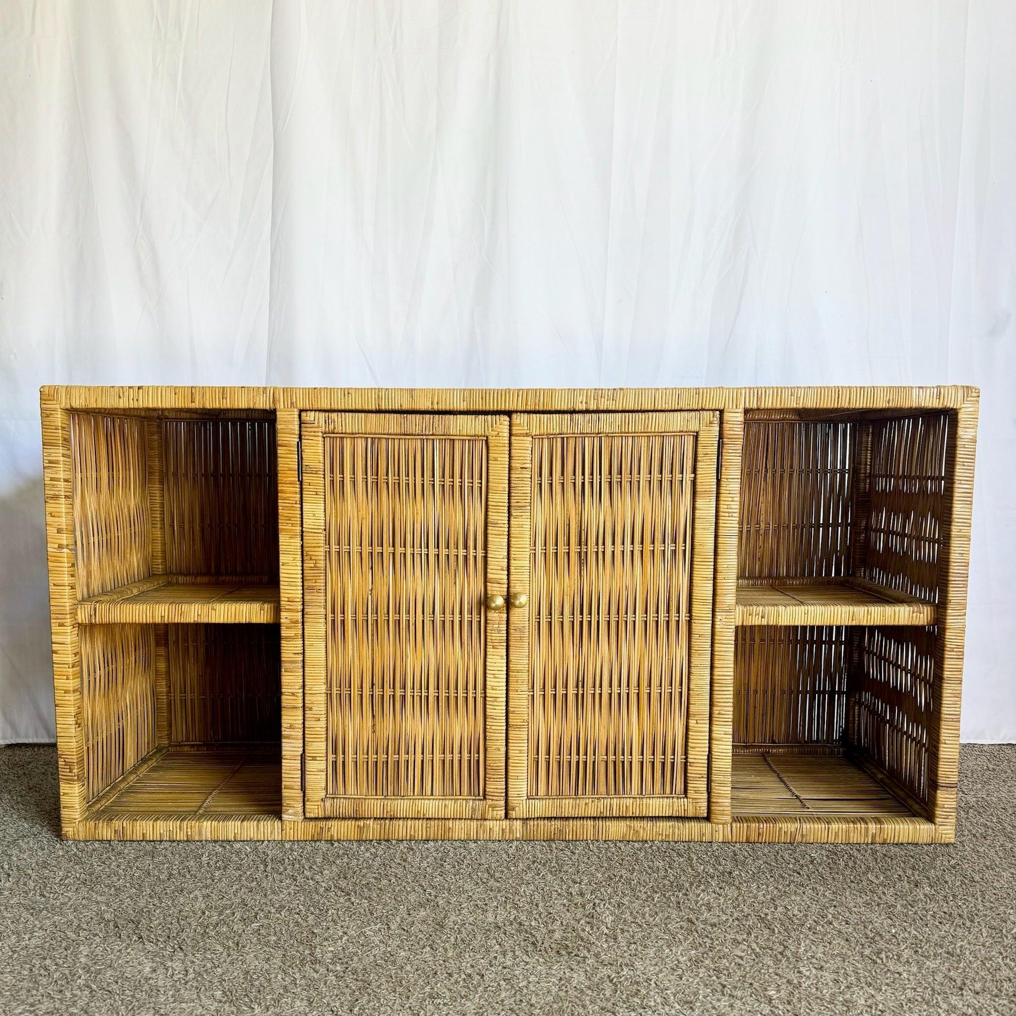 Boho Chic wicker credenza buffet featuring natural woven design and gold knobs—perfect for adding bohemian style and storage to your space.
 
 Some wear to the wicker at the bottom and bottom shelves as shown in the photos. 
 
 We sell items as