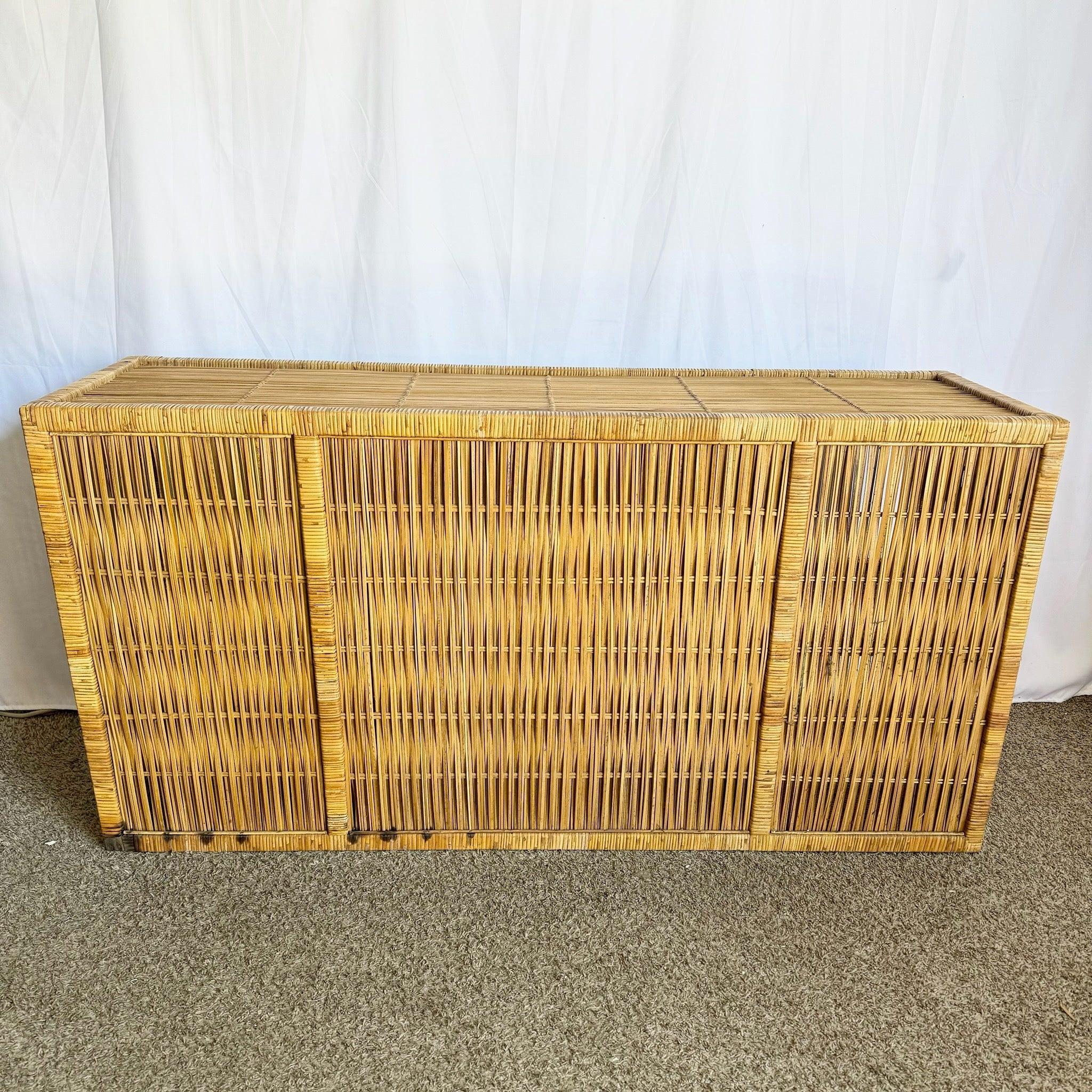 Boho Chic Wicker Credenza Buffet With Gold Knobs In Good Condition For Sale In Delray Beach, FL