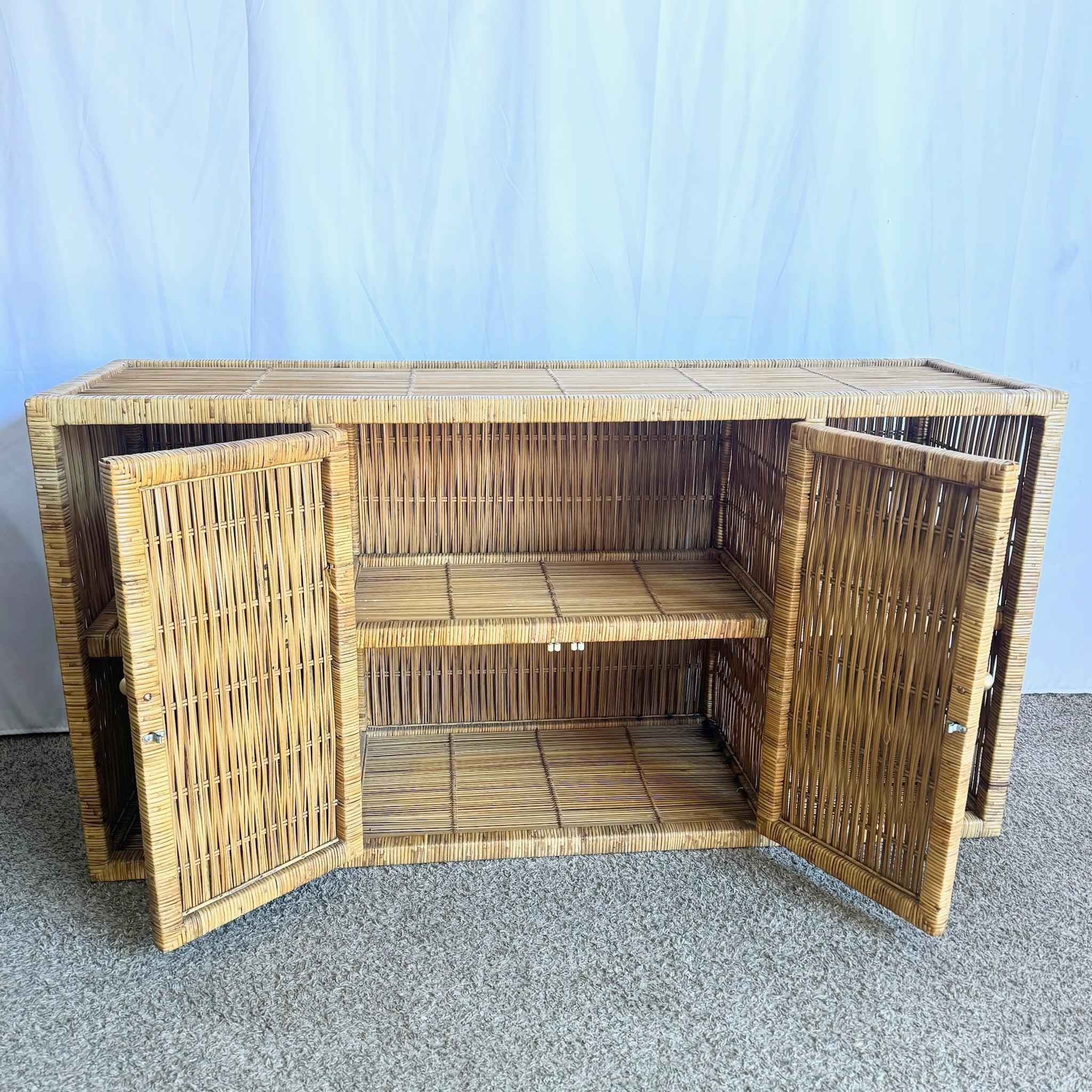 Boho Chic Wicker Credenza Buffet With Gold Knobs For Sale 1