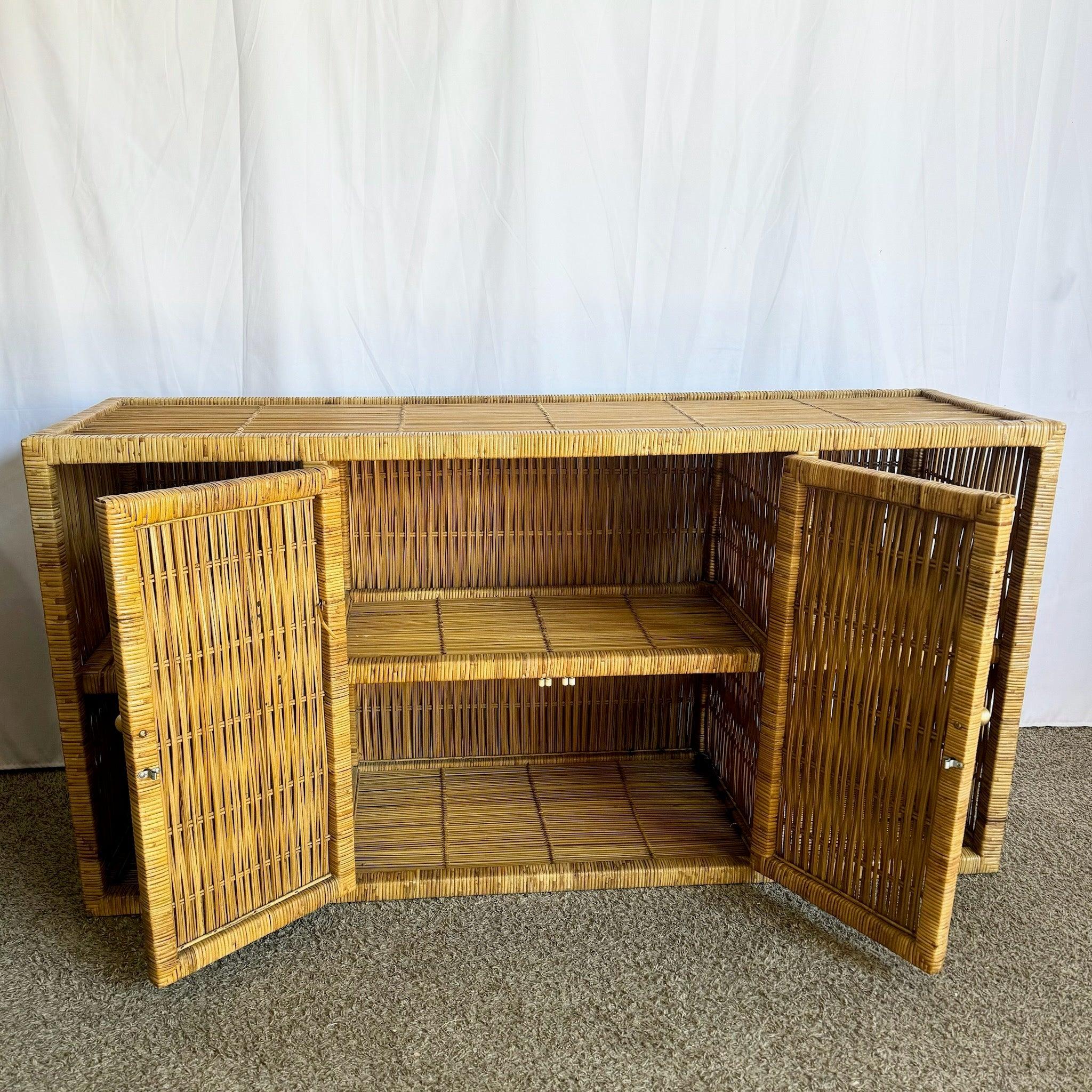 Boho Chic Wicker Credenza Buffet With Gold Knobs For Sale 2