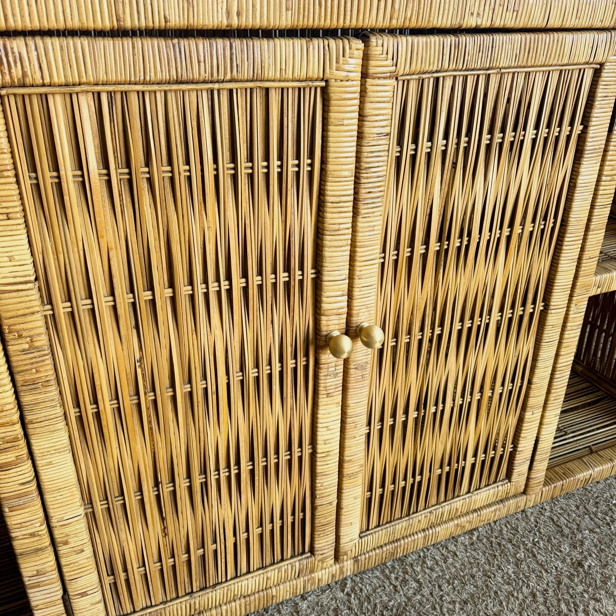 Boho Chic Wicker Credenza Buffet With Gold Knobs For Sale 4