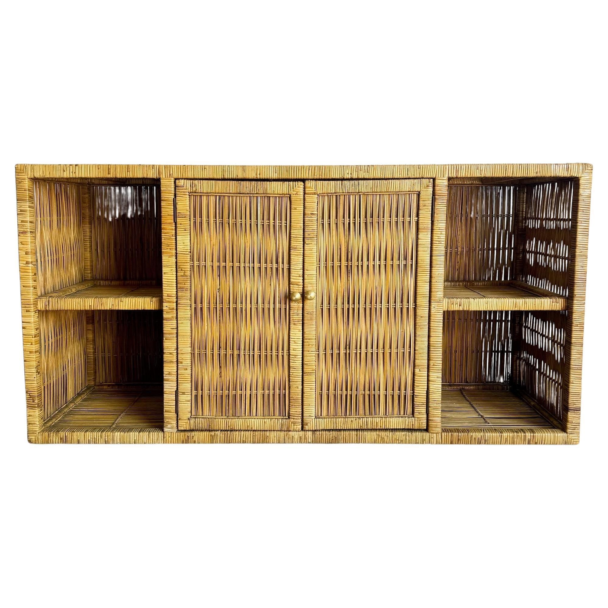 Boho Chic Wicker Credenza Buffet With Gold Knobs For Sale