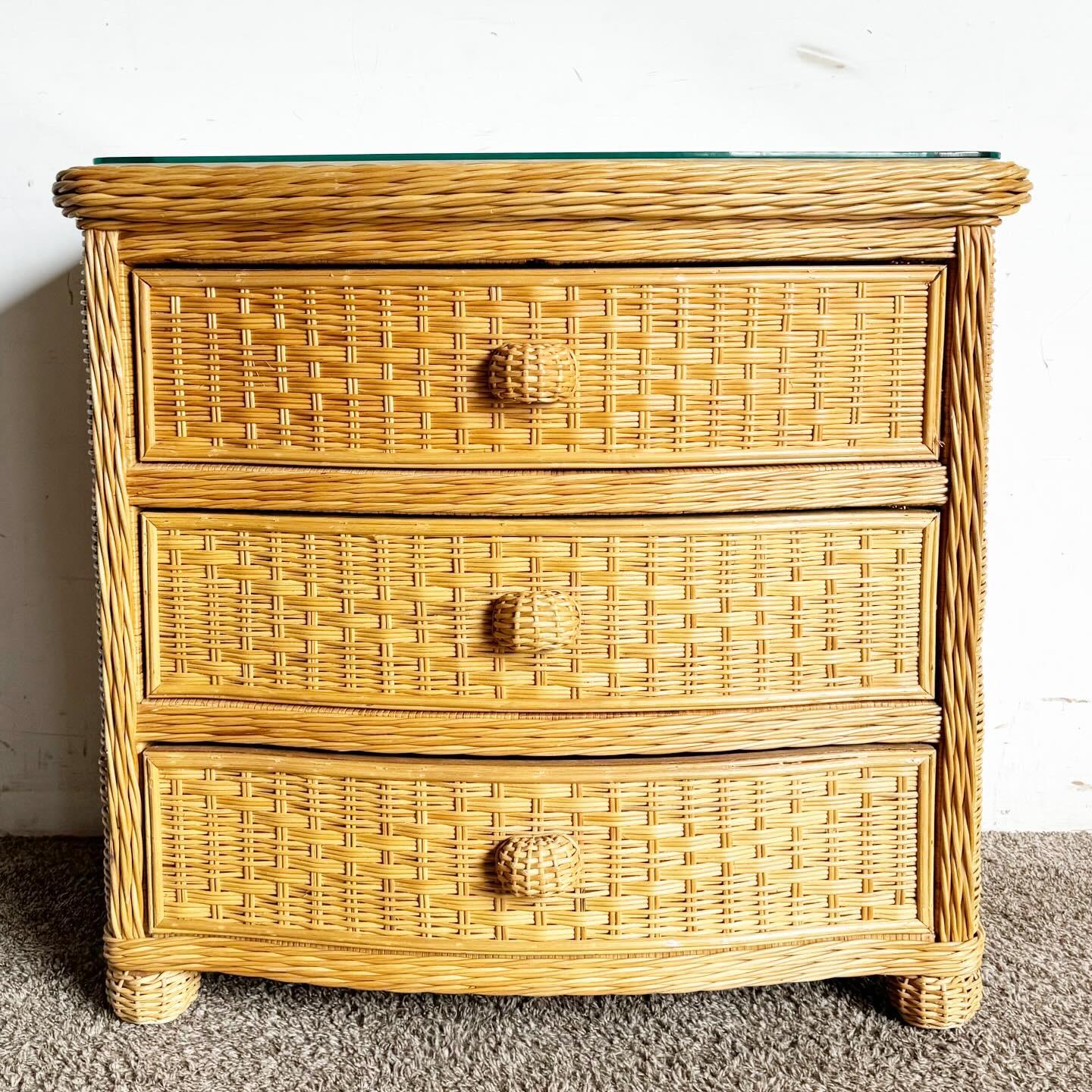 Bohemian Boho Chic Wicker Glass Top Chest of Drawers For Sale
