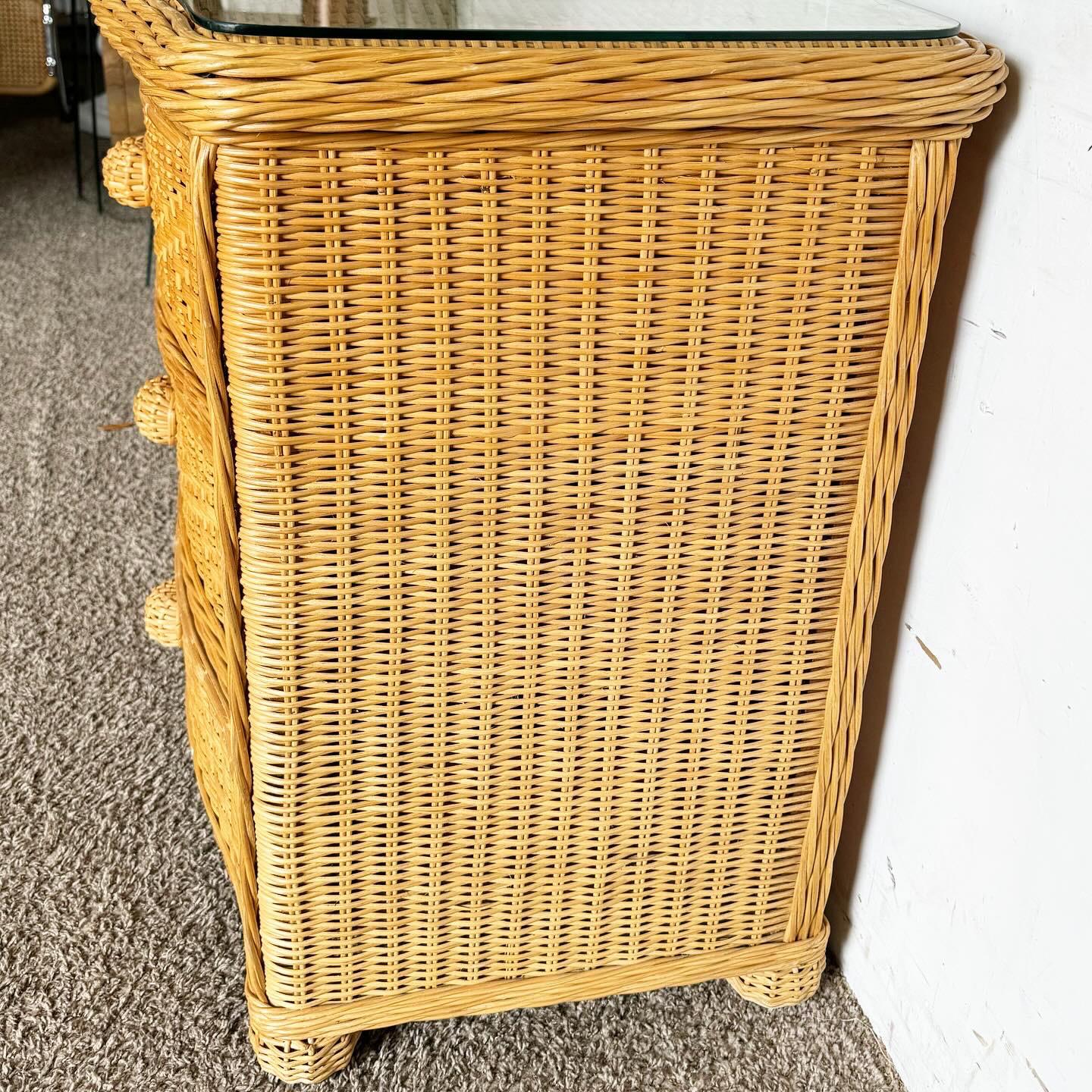 Chinese Boho Chic Wicker Glass Top Chest of Drawers For Sale