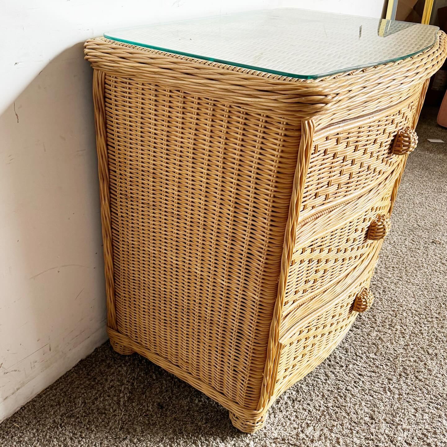 20th Century Boho Chic Wicker Glass Top Chest of Drawers For Sale