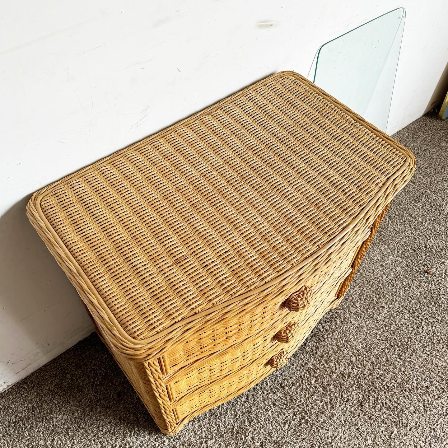 Boho Chic Wicker Glass Top Chest of Drawers For Sale 1