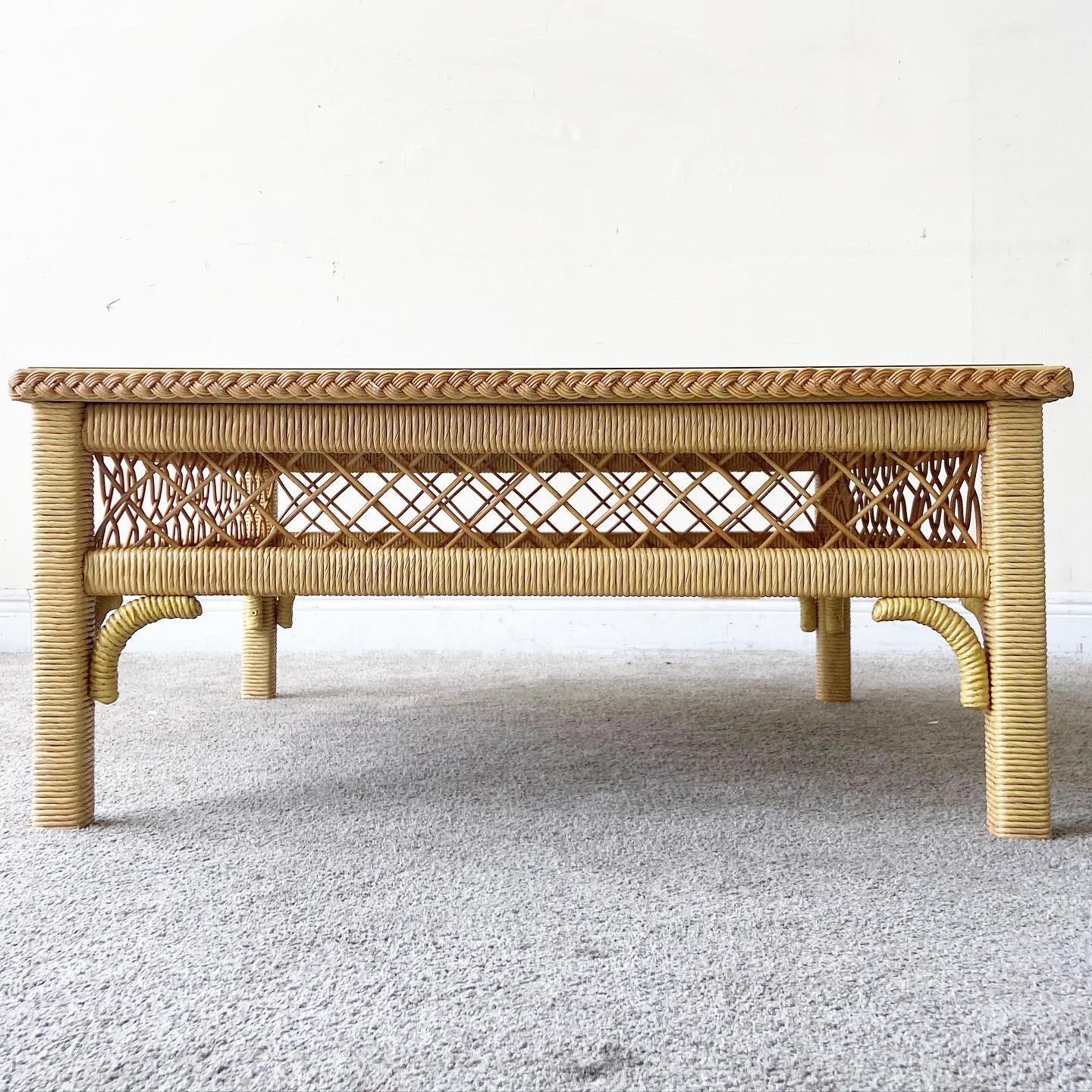 American Boho Chic Wicker Glass Top Coffee Table For Sale
