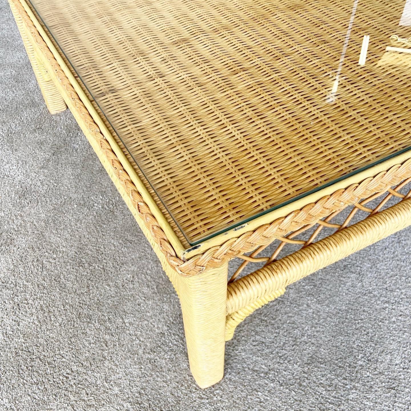 Late 20th Century Boho Chic Wicker Glass Top Coffee Table For Sale