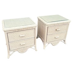 Boho Chic Wicker Glass Top Nightstands - A Pair