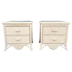 Boho Chic Wicker Glass Top Nightstands - A Pair