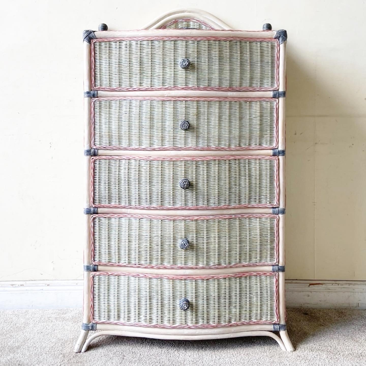 Exceptional vintage boho chic bamboo rattan and wicker Highboy dresser. Features an off white and pink finish with kindred gray accents and 5 spacious drawers.