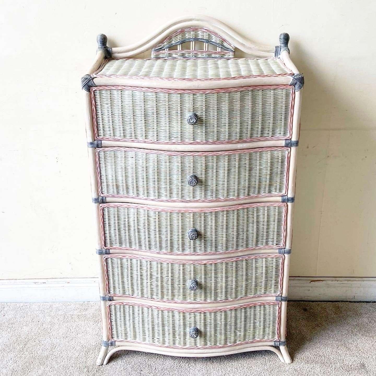 Boho Chic Wicker Off White Pink and Gray Highboy Dresser In Good Condition For Sale In Delray Beach, FL