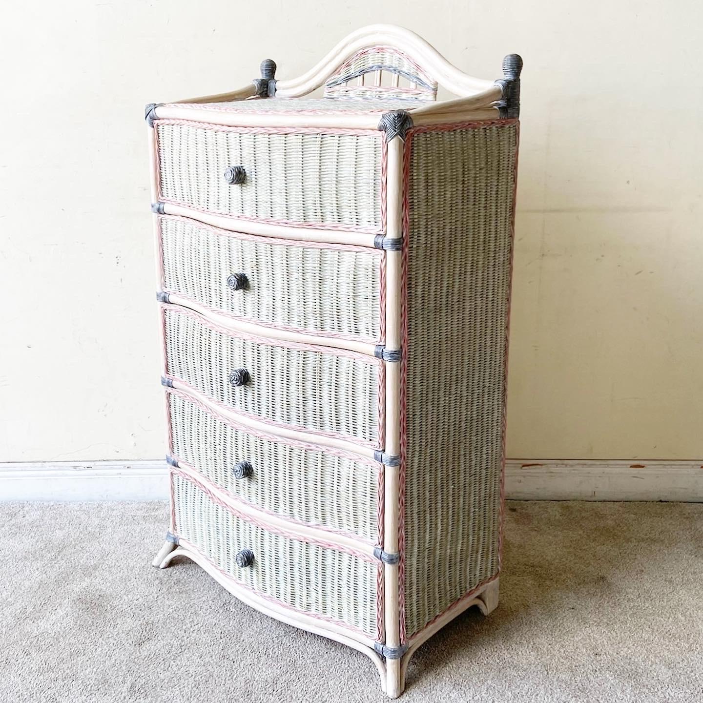Boho Chic Wicker Off White Pink and Gray Highboy Dresser In Good Condition In Delray Beach, FL