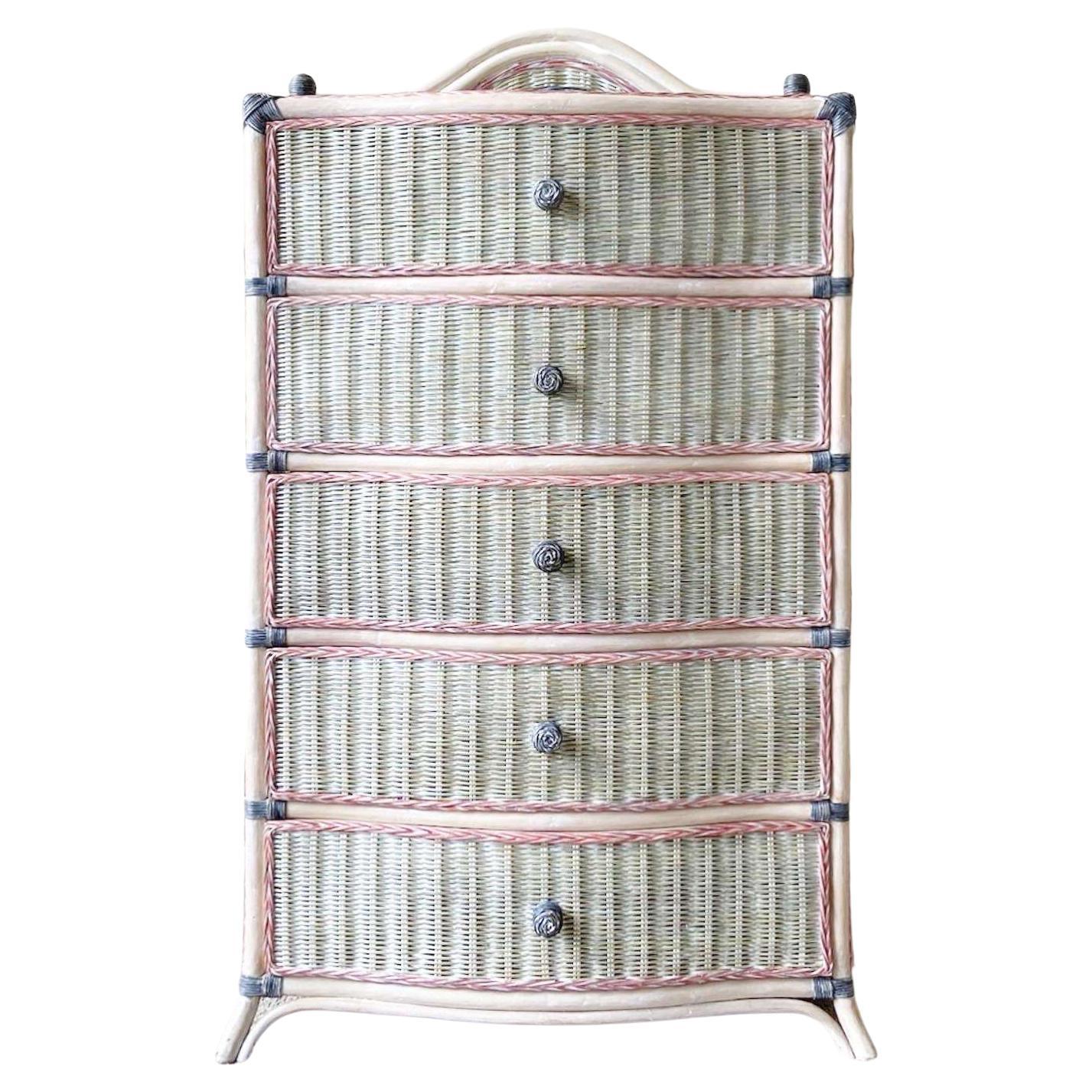 Boho Chic Wicker Off White Pink and Gray Highboy Dresser For Sale