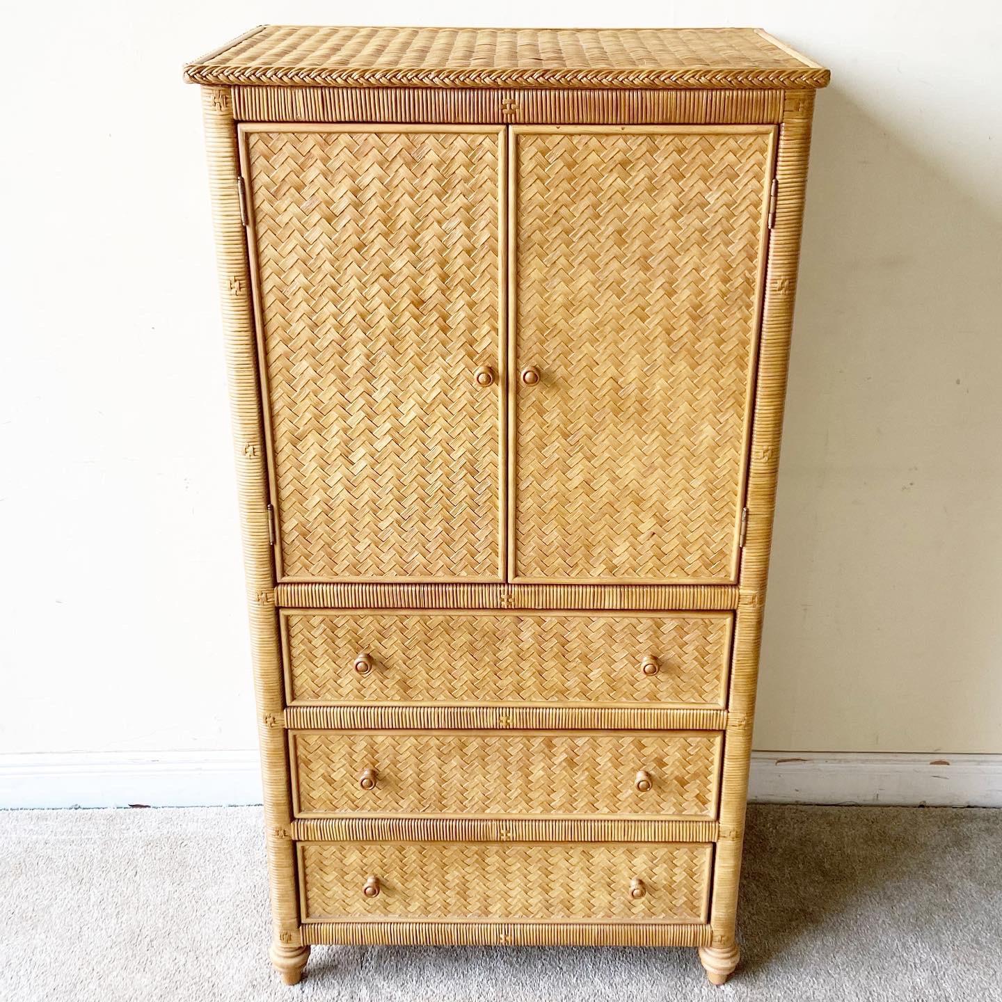 Bohemian Boho Chic Wicker Rattan Armoire, 3 Drawers