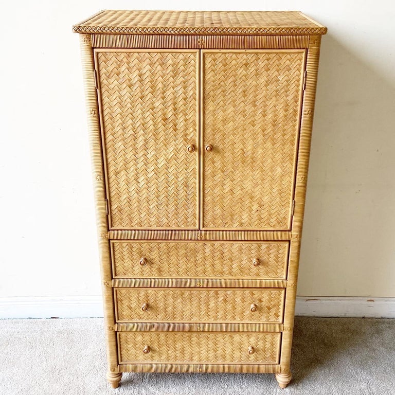 Boho Chic Wicker Rattan Armoire, 3 Drawers For Sale at 1stDibs