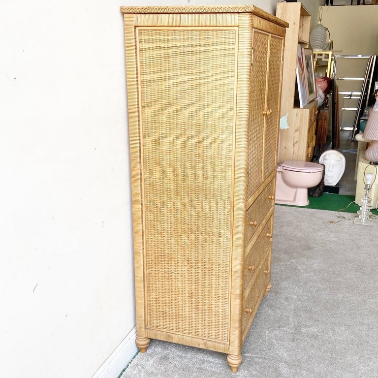Boho Chic Wicker Rattan Armoire, 3 Drawers For Sale at 1stDibs