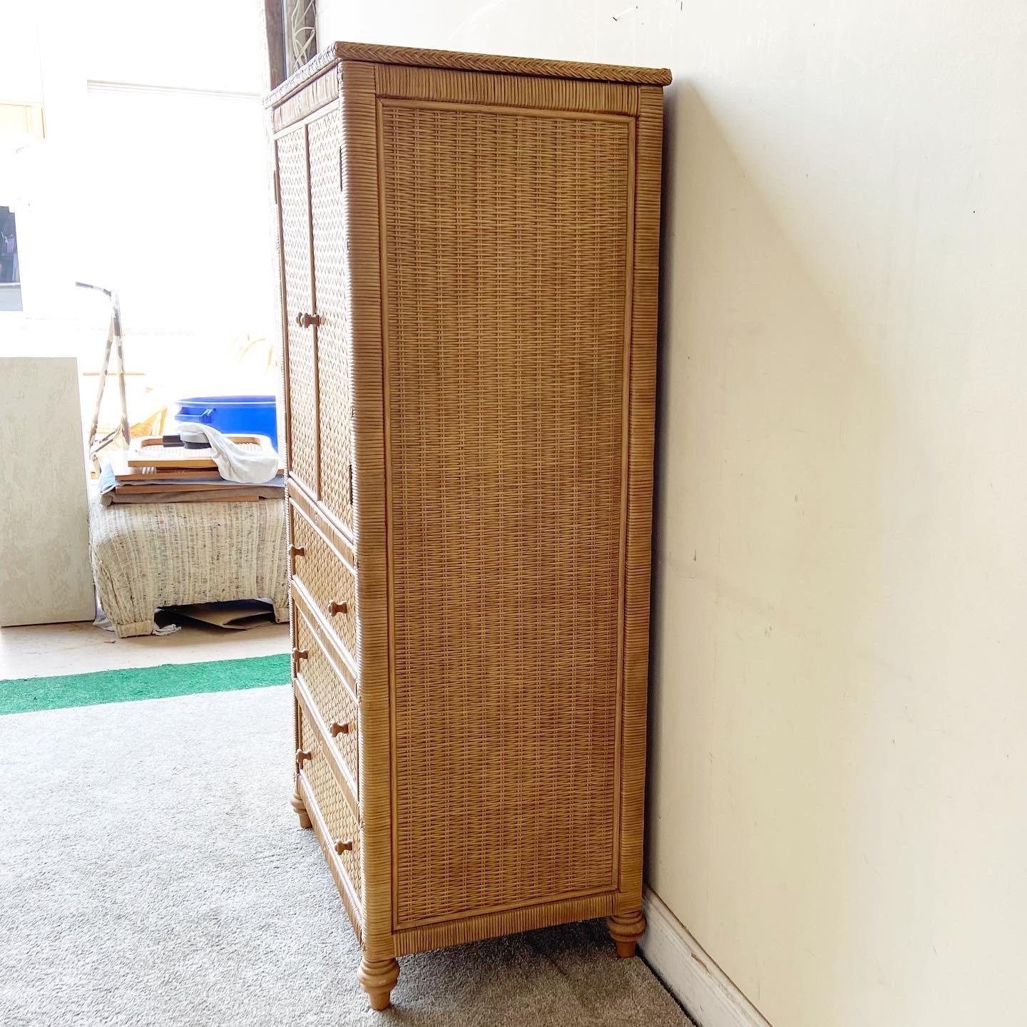 Boho Chic Wicker Rattan Armoire, 3 Drawers In Good Condition In Delray Beach, FL
