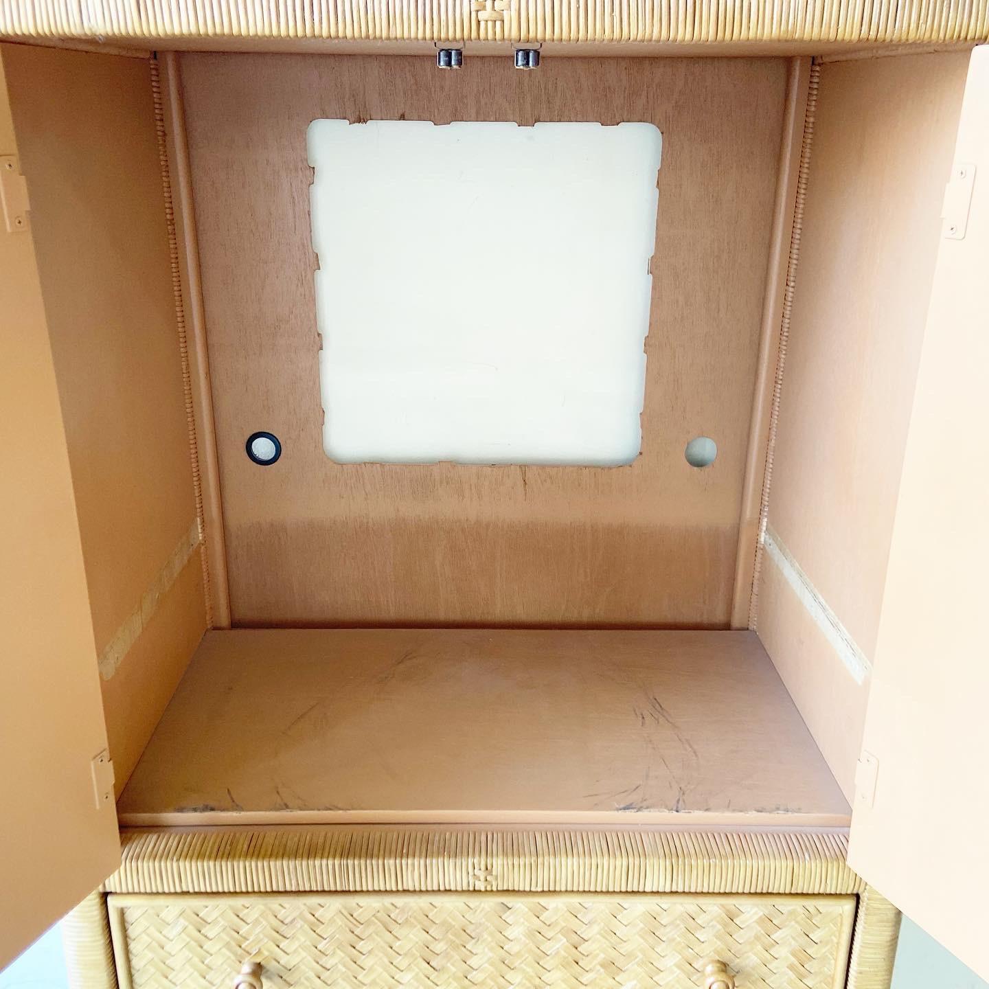 Late 20th Century Boho Chic Wicker Rattan Armoire, 3 Drawers