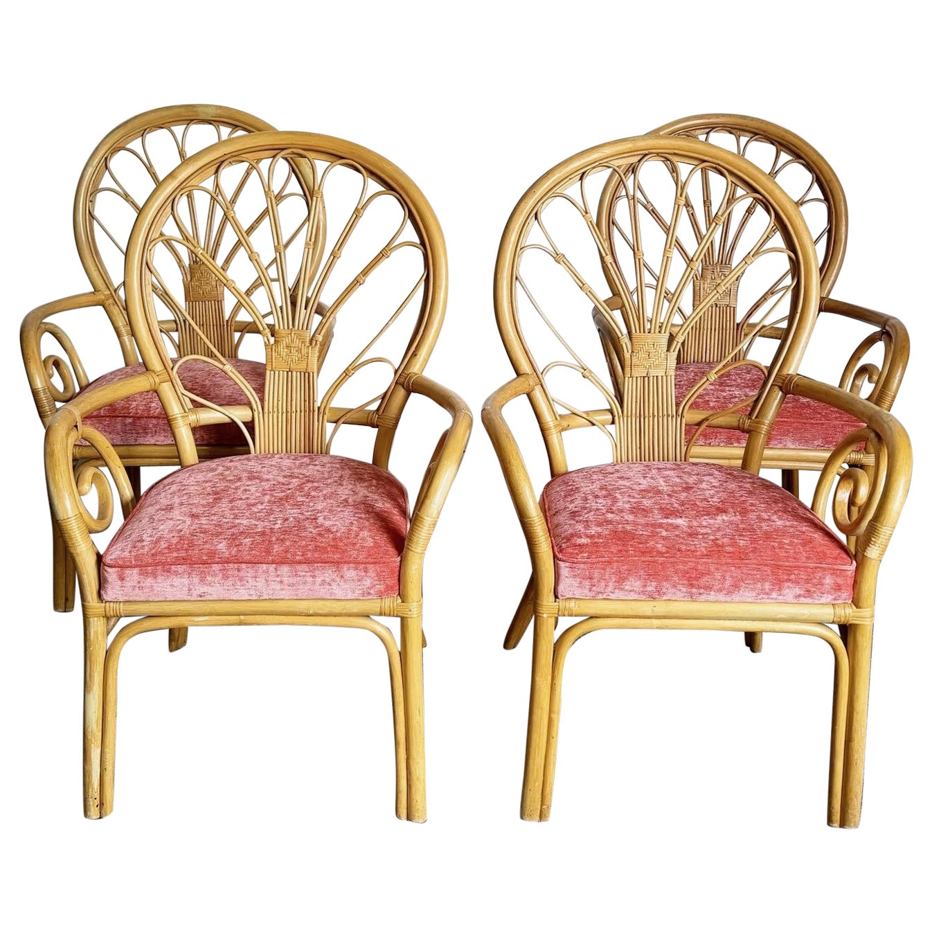 Poltroncine a spirale Boho Chic in vimini e rattan con schienale a palloncino - Set di 4