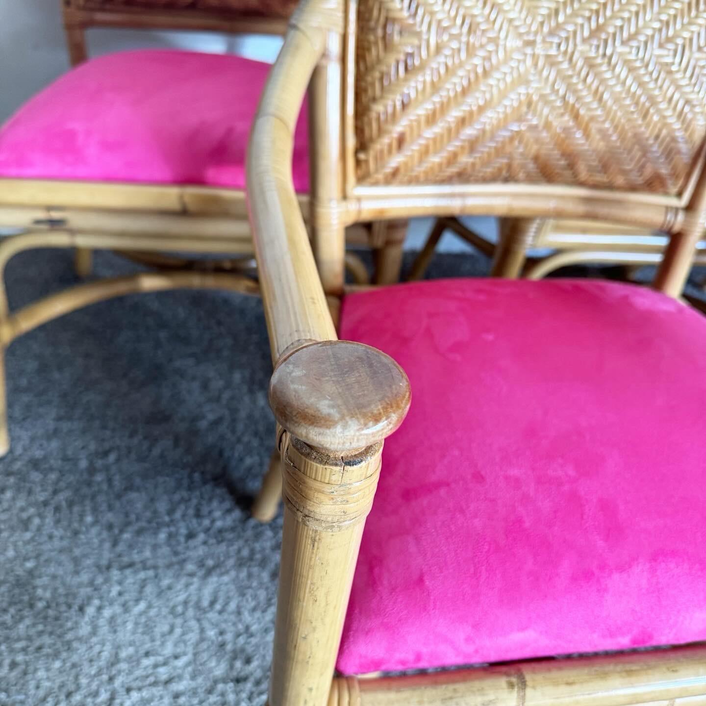 Boho Chic Esszimmerstühle aus Korbweide, Rattan und Bambus mit heißen rosa Kissen im Angebot 5
