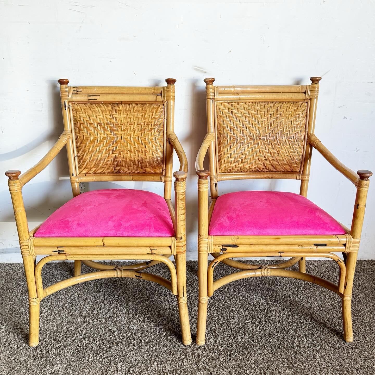 Philippine Boho Chic Wicker Rattan Bamboo Dining Arm Chairs With Hot Pink Cushions For Sale