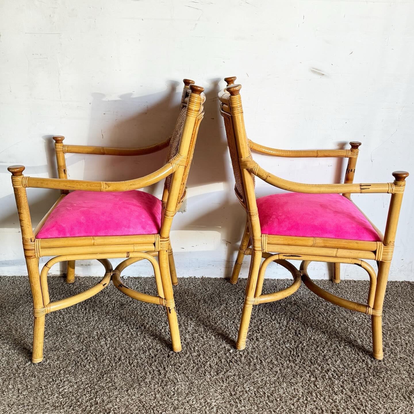 Late 20th Century Boho Chic Wicker Rattan Bamboo Dining Arm Chairs With Hot Pink Cushions For Sale