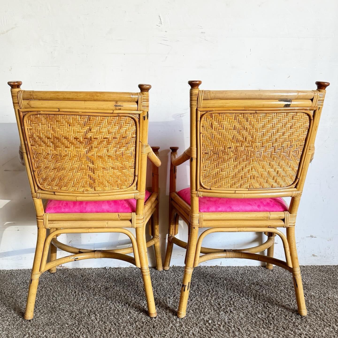 Boho Chic Wicker Rattan Bamboo Dining Arm Chairs With Hot Pink Cushions For Sale 1