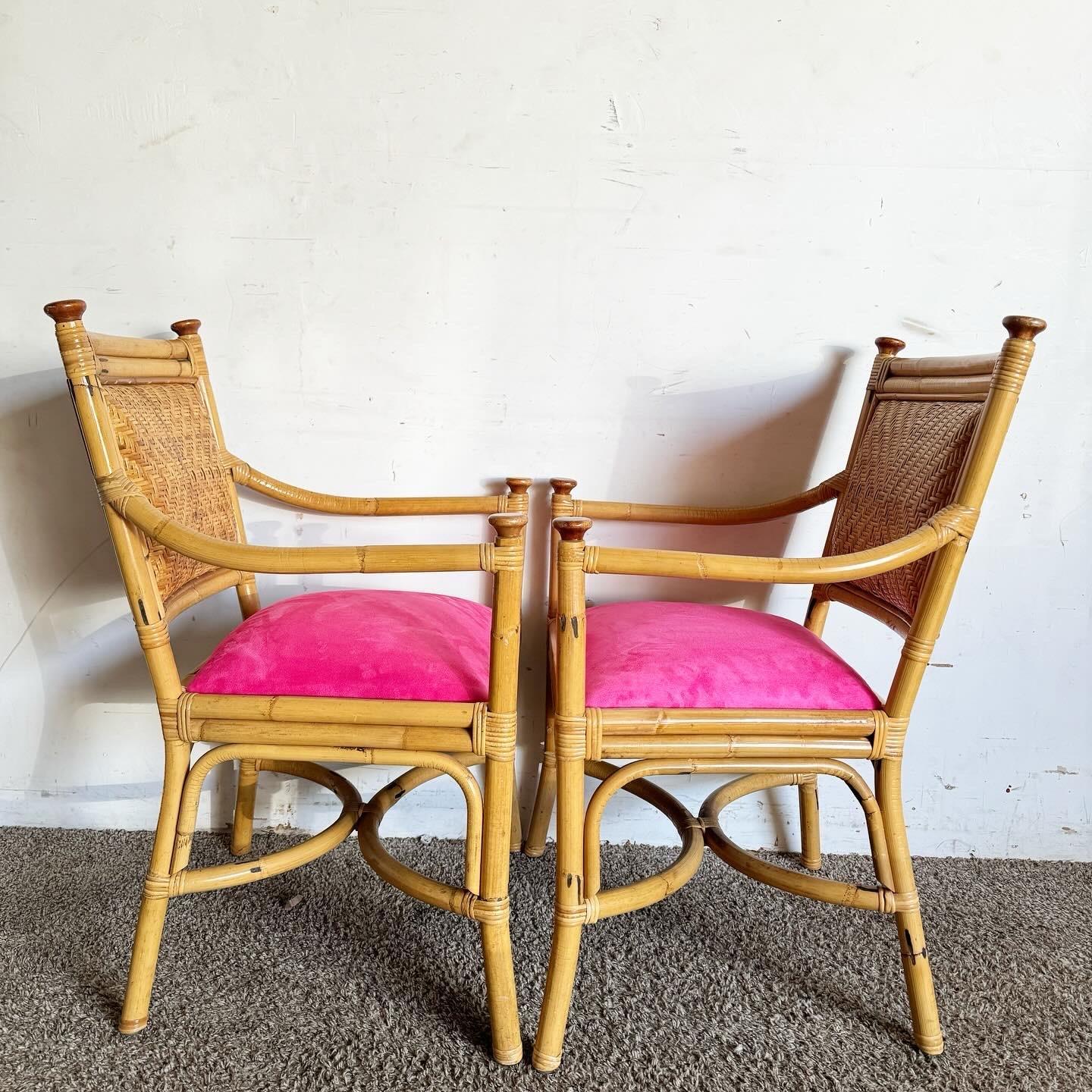 Boho Chic Wicker Rattan Bamboo Dining Arm Chairs With Hot Pink Cushions For Sale 2