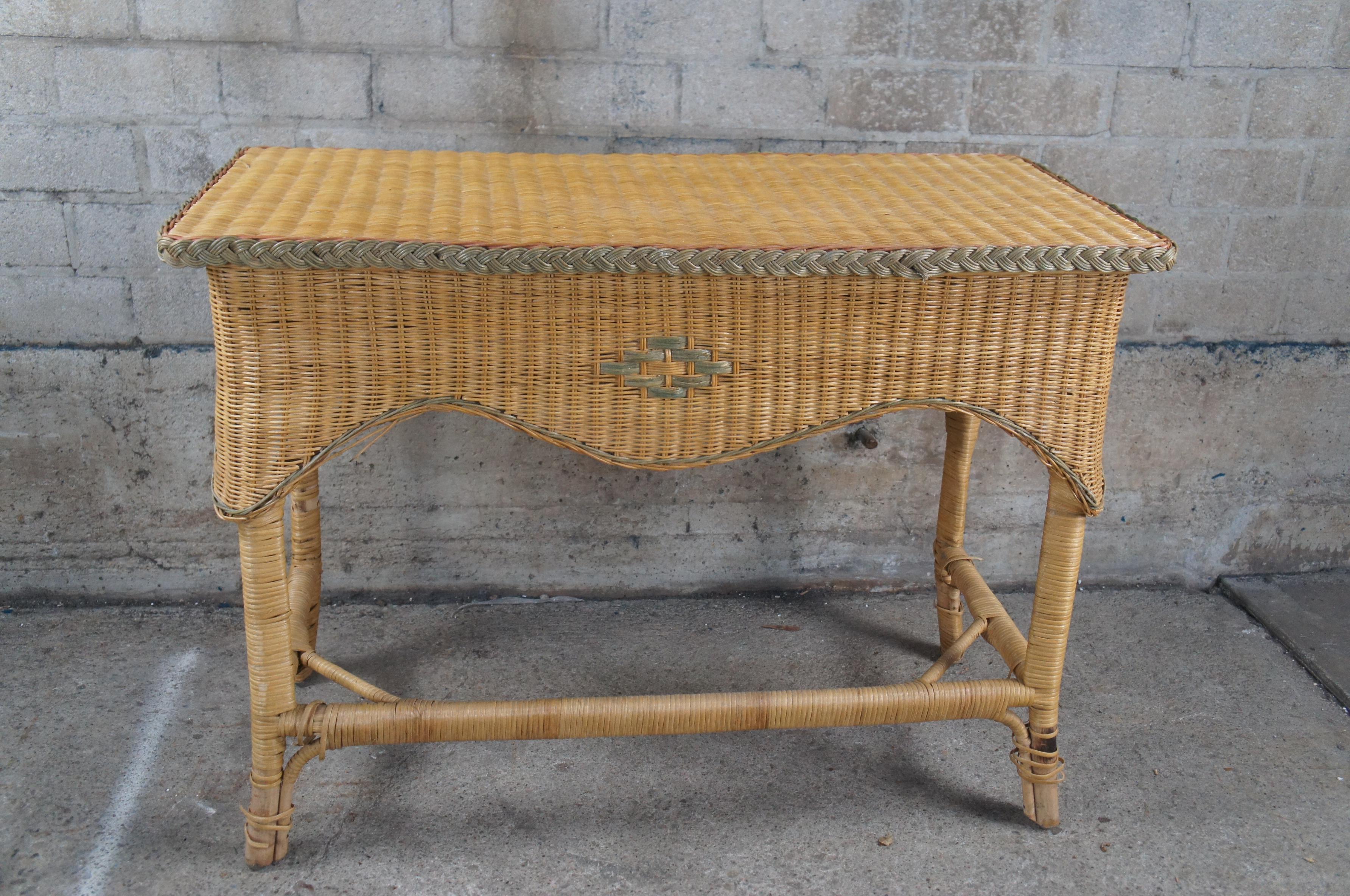 20th Century Boho Chic Wicker Rattan Bamboo Vanity Dressing Table Writing Desk & Chair  For Sale