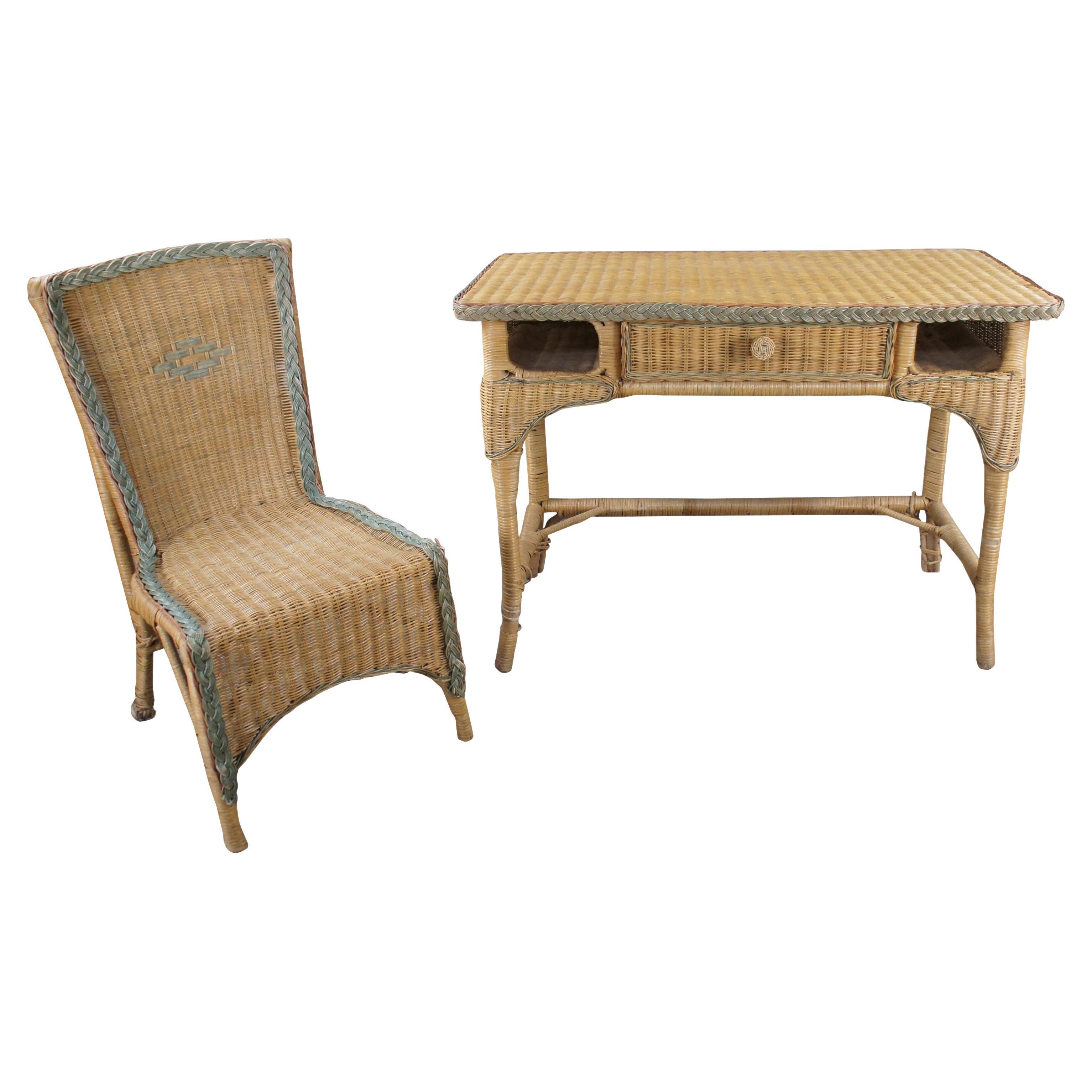 Boho Chic Wicker Rattan Bamboo Vanity Dressing Table Writing Desk & Chair  For Sale