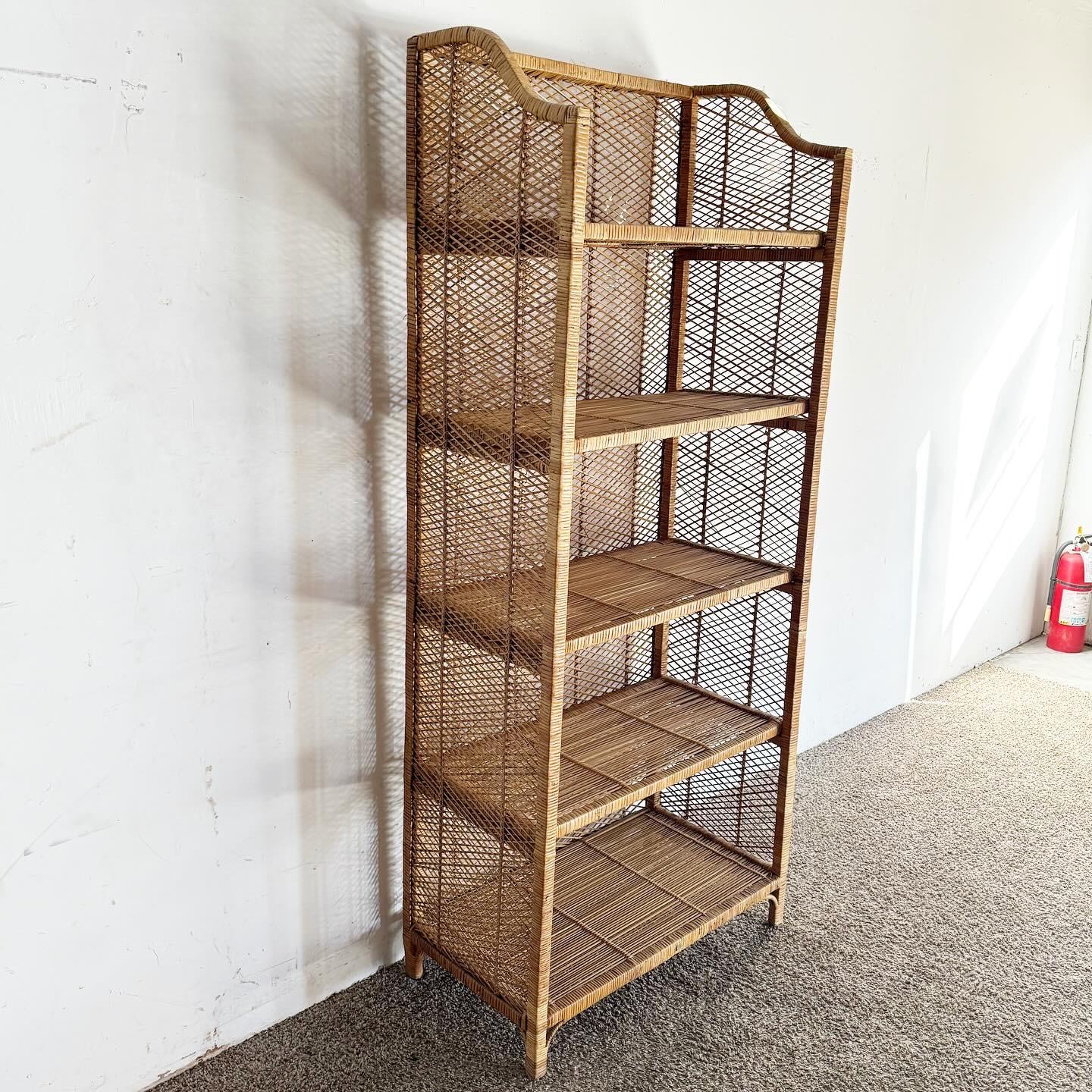 Bohemian Boho Chic Wicker Rattan Etagere With 4 Removable Shelves For Sale