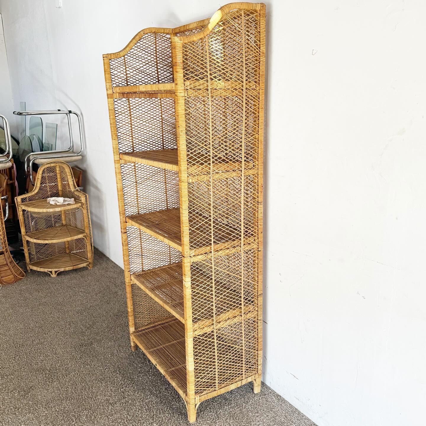Philippine Boho Chic Wicker Rattan Etagere With 4 Removable Shelves For Sale