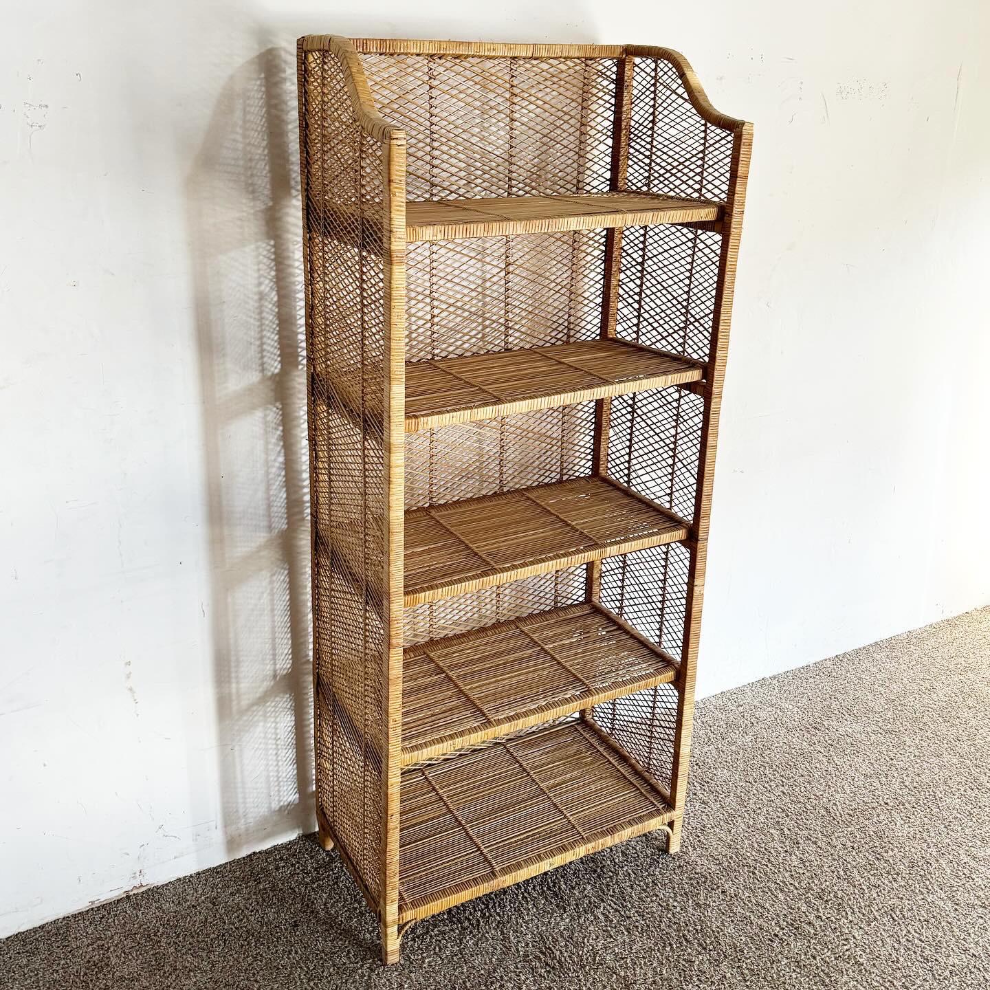 Boho Chic Wicker Rattan Etagere With 4 Removable Shelves In Good Condition For Sale In Delray Beach, FL
