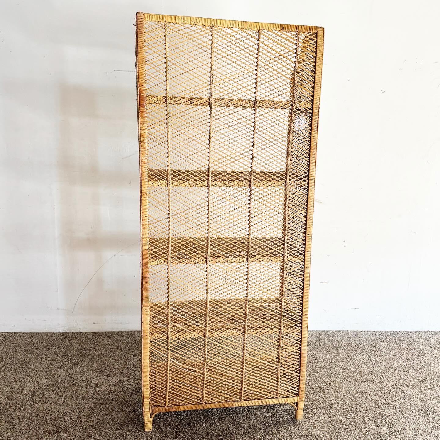20th Century Boho Chic Wicker Rattan Etagere With 4 Removable Shelves For Sale