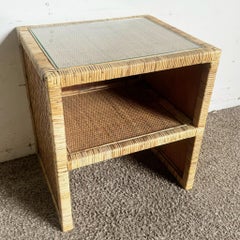 Boho Chic Wicker Rattan Glass Top Side Table/Nightstand